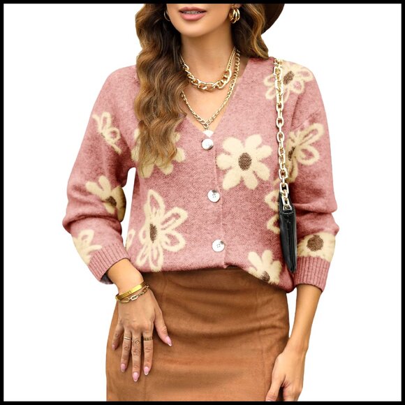 Long Sleeve Open Front V-Neck Cardigan Sweater Floral Knit Women's